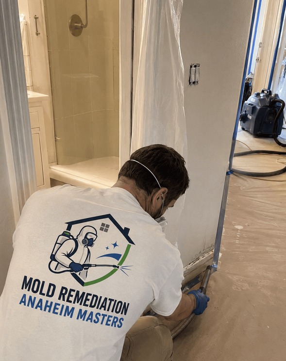Bathroom mold remediation with containment and drying equipment
