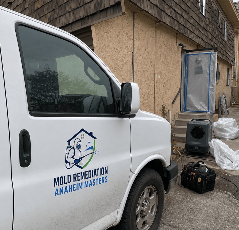 Company van and drying equipment at a job site