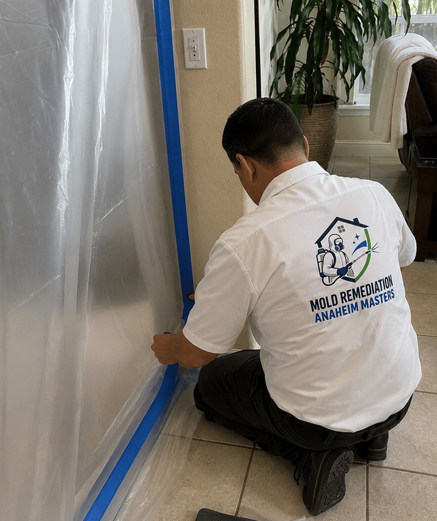 Plastic containment set up around a work area during mold remediation